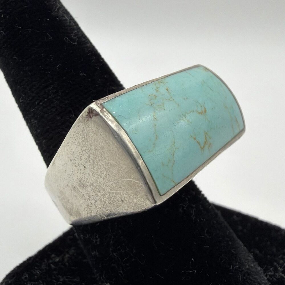 925 Sterling Silver Turquoise Modernist Ring Size 7.5 16g Statement